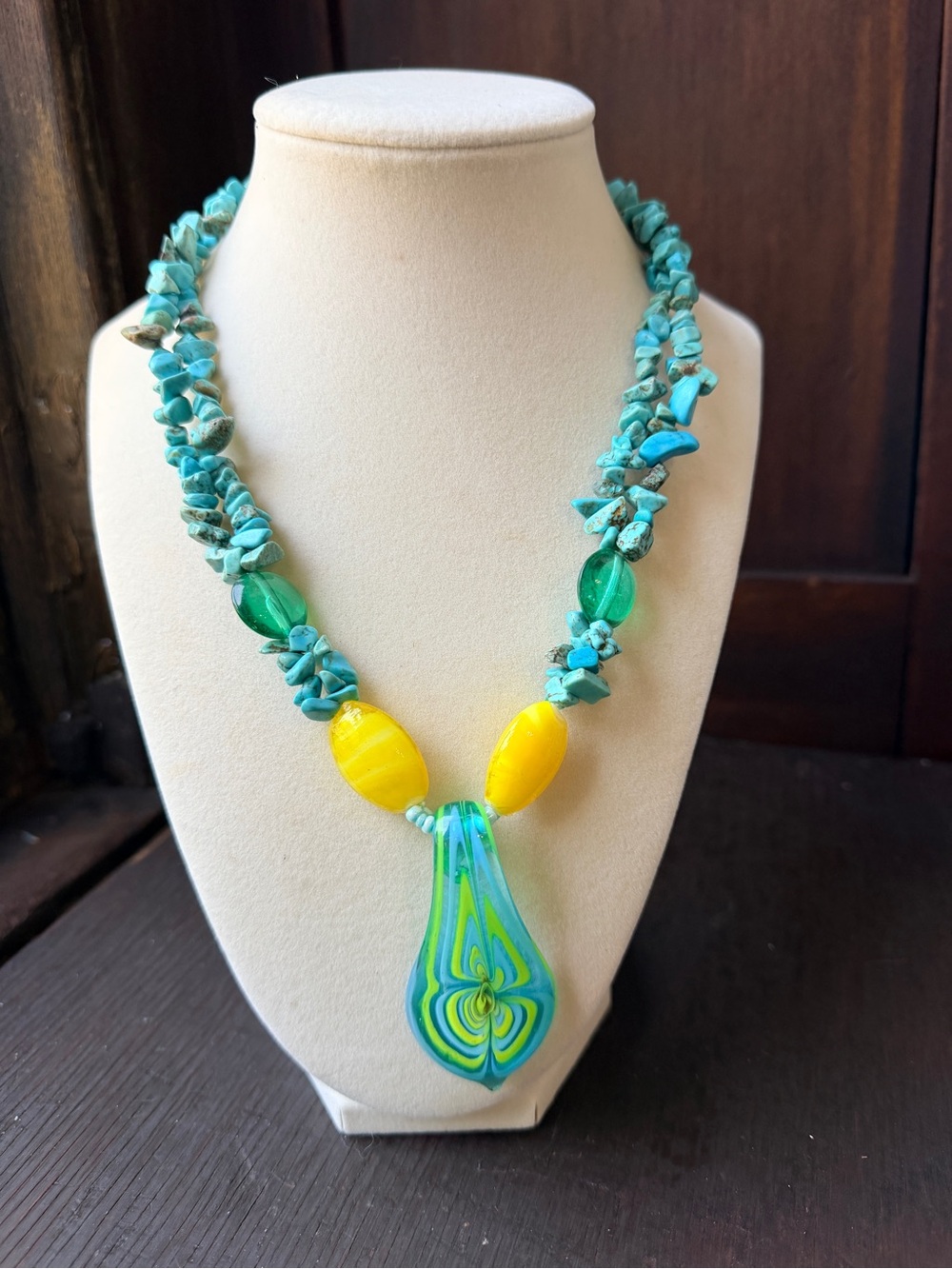 Turquoise & Yellow Glass Pendant Necklace - Women Jewelry
